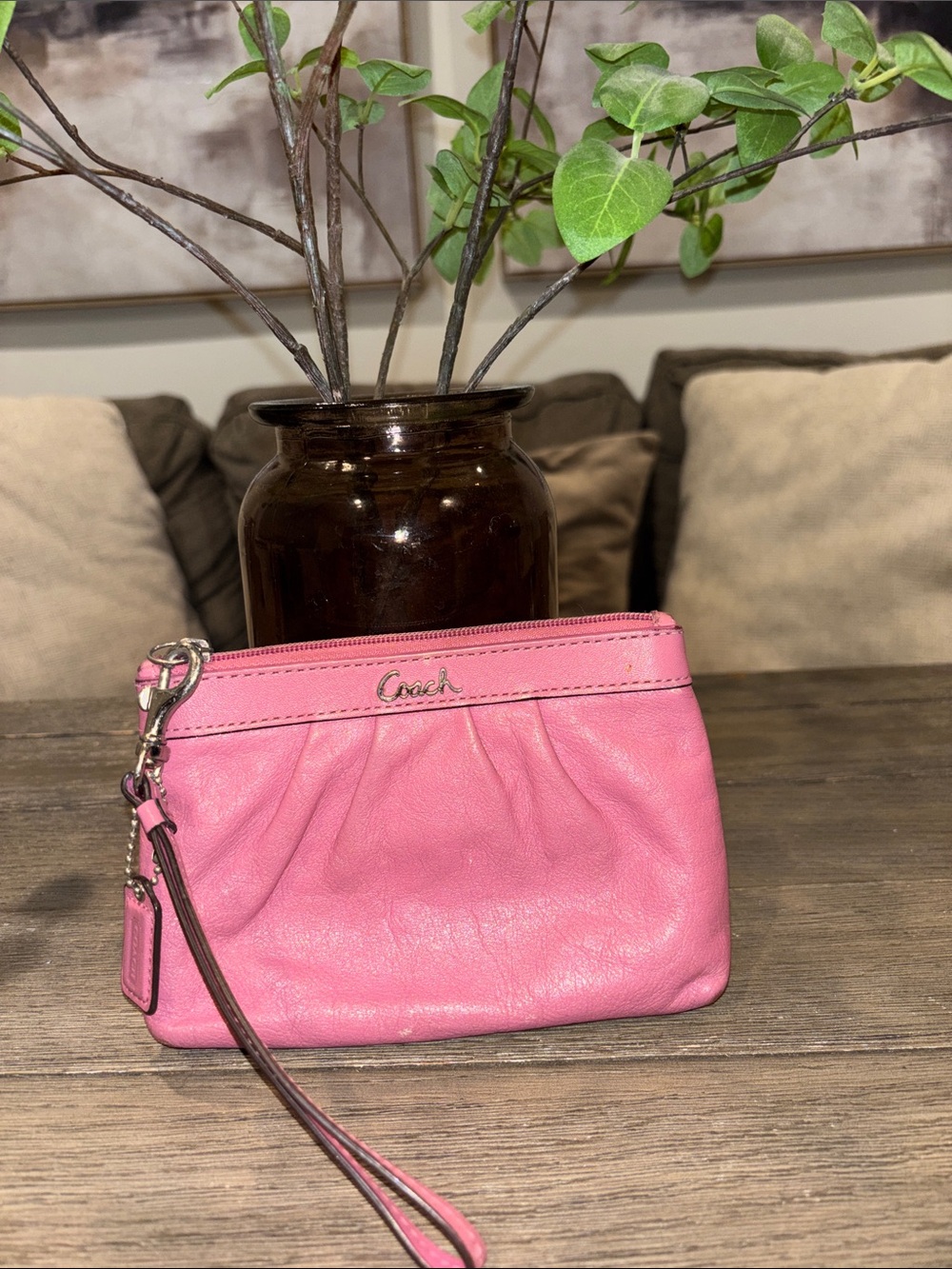 Coach Pink Leather Wristlet Clutch with Detachable Strap